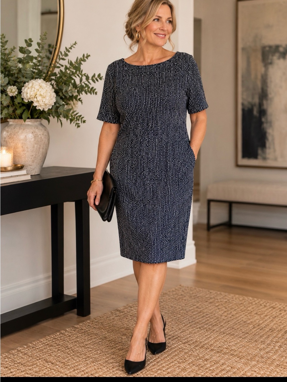 Maggy London Navy Printed Sheath Midi Dress.  Melanie Lynn